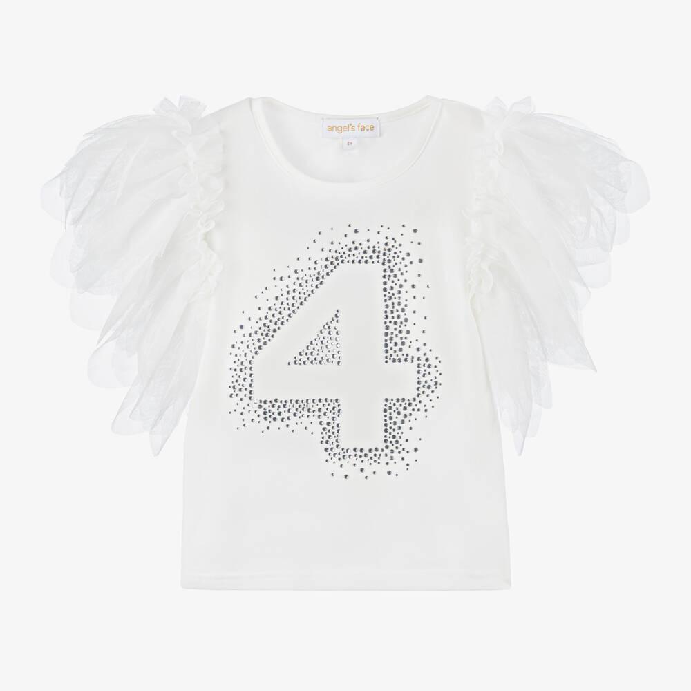 Angel's Face-Girls White Cotton Birthday Age T-Shirt with Diamantés | Childrensalon