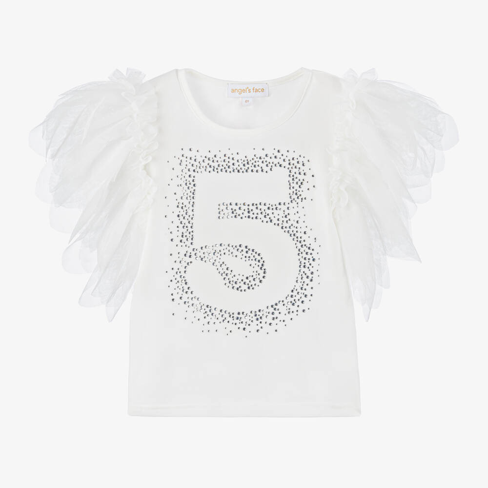 Angel's Face-Girls White Cotton Birthday Age T-Shirt with Diamantés | Childrensalon