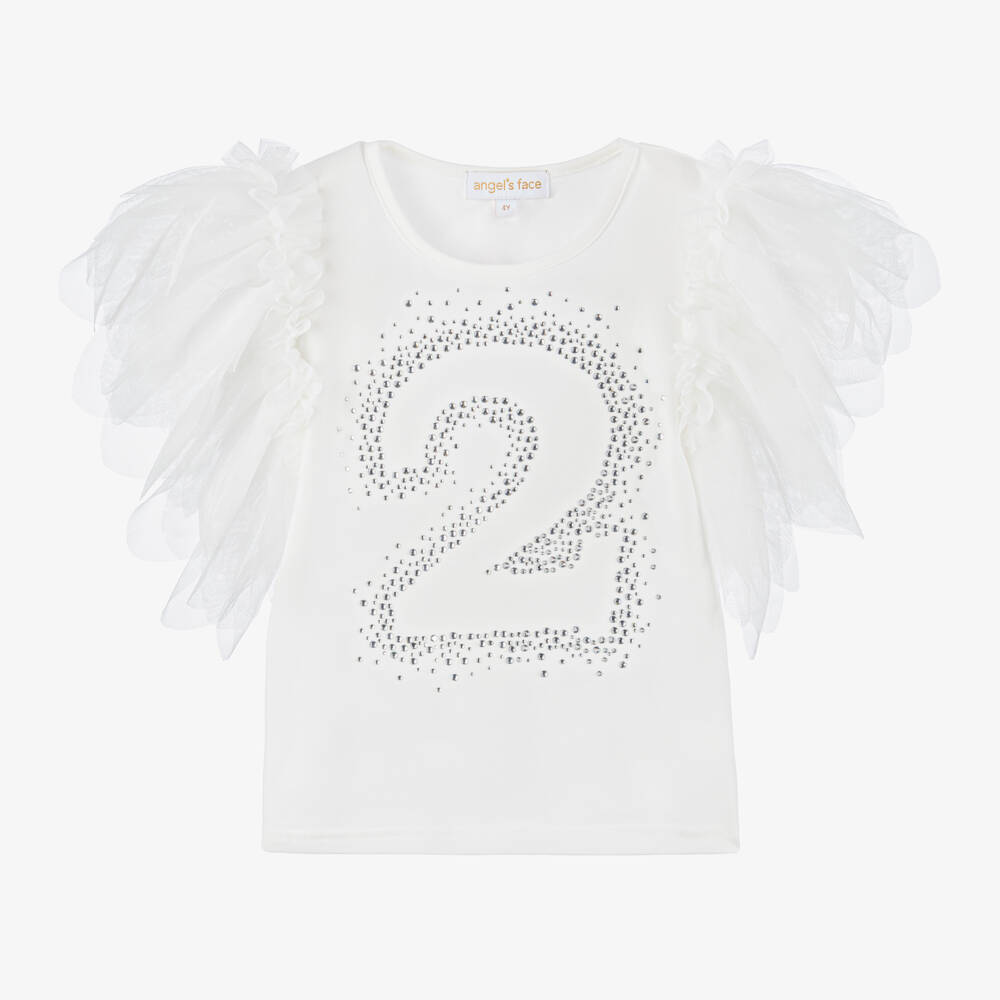 Angel's Face-Girls White Cotton Birthday Age T-Shirt with Diamantés | Childrensalon