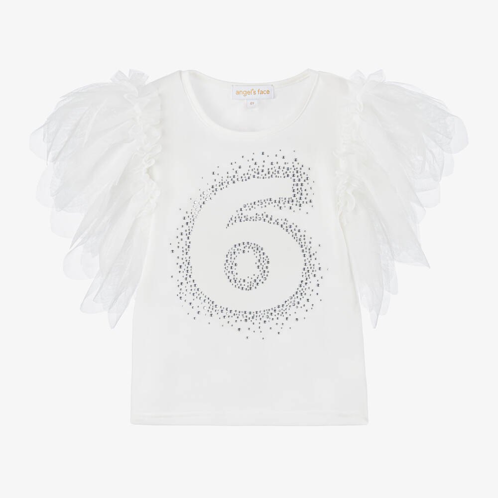 Angel's Face-Girls White Cotton Birthday Age T-Shirt with Diamantés | Childrensalon