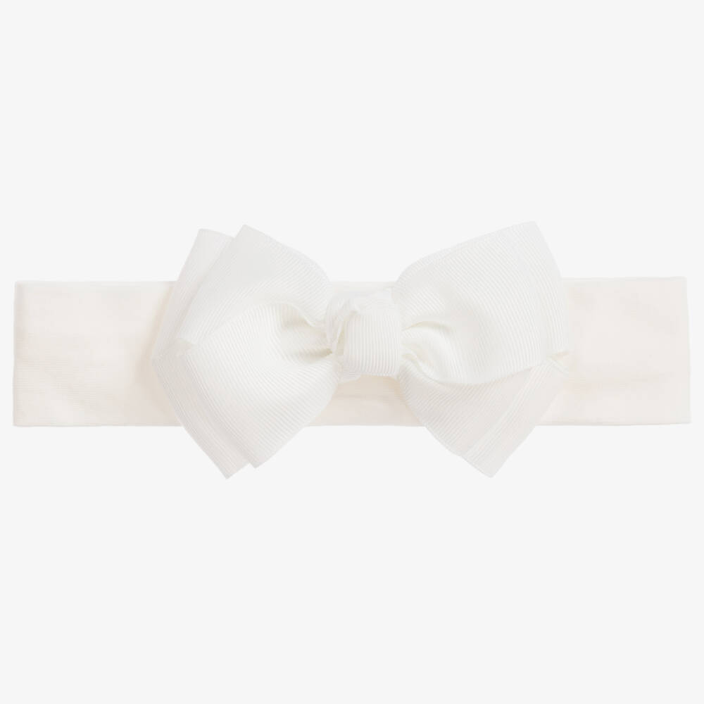 Angel's Face-Girls White Cotton Jersey Headband with Grosgrain Bow | Childrensalon