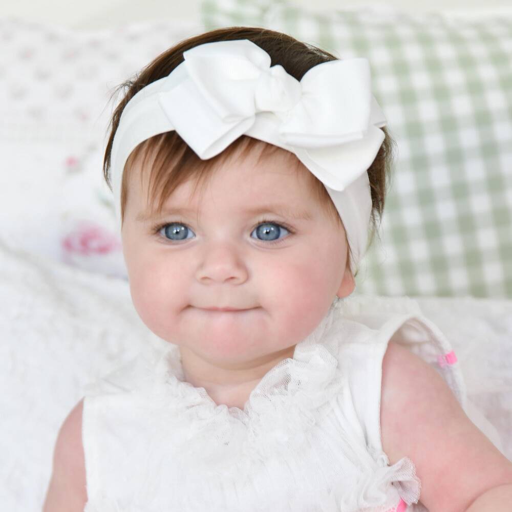 Angel's Face-Girls White Cotton Jersey Headband with Grosgrain Bow | Childrensalon