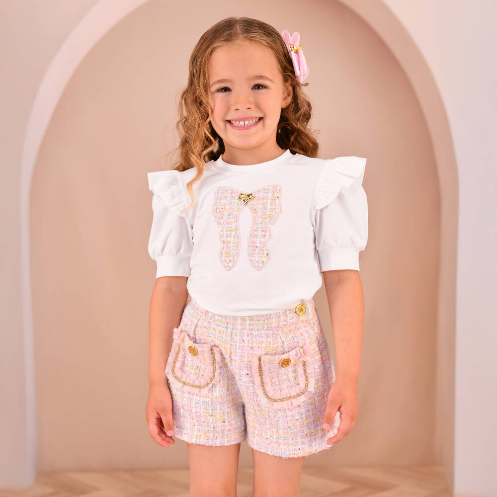 Angel's Face-Girls White Cotton Jersey T-Shirt with Pink Tweed Bow | Childrensalon