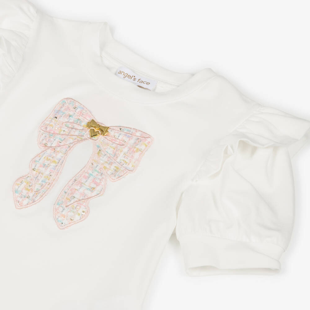 Angel's Face-Girls White Cotton Jersey T-Shirt with Pink Tweed Bow | Childrensalon