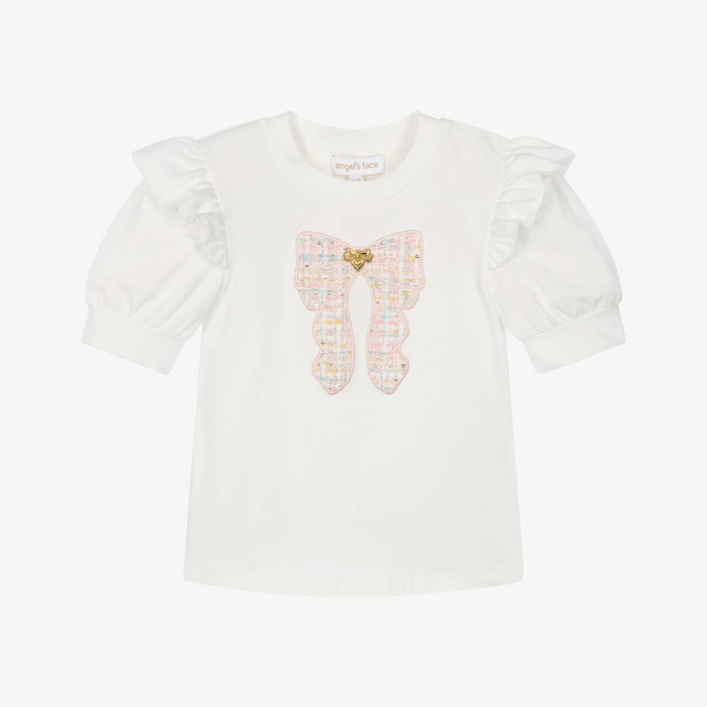 Angel's Face-Girls White Cotton Jersey T-Shirt with Pink Tweed Bow | Childrensalon
