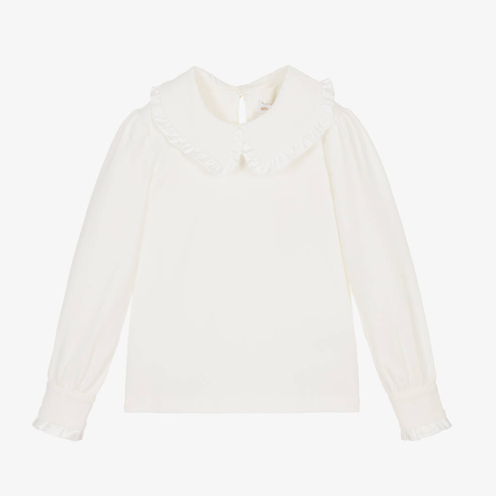 Angel's Face-Girls White Cotton Top with Large Frill Collar | Childrensalon