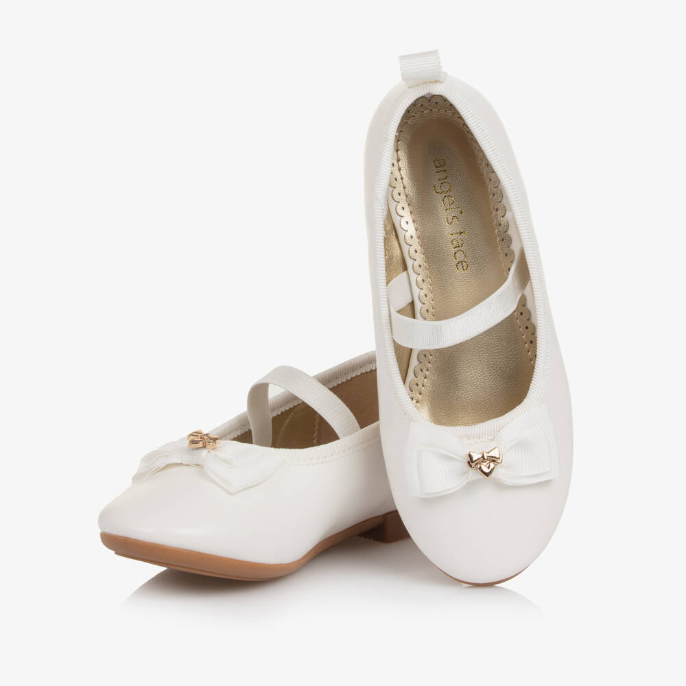 Angel's Face-Girls White Faux Leather Ballerina Pumps with Ribbon Ties | Childrensalon