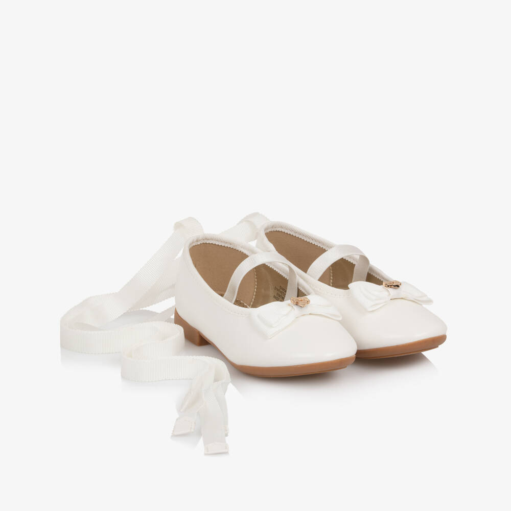 Angel's Face-Girls White Faux Leather Ballerina Pumps with Ribbon Ties | Childrensalon