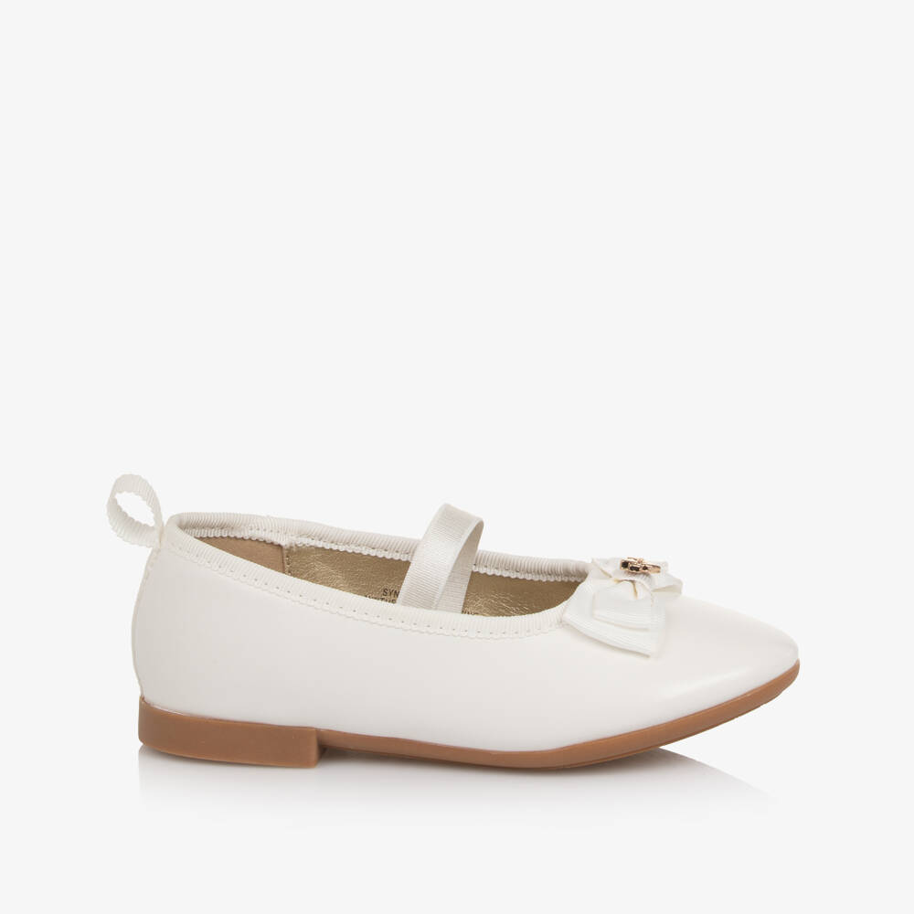 Angel's Face-Girls White Faux Leather Ballerina Pumps with Ribbon Ties | Childrensalon