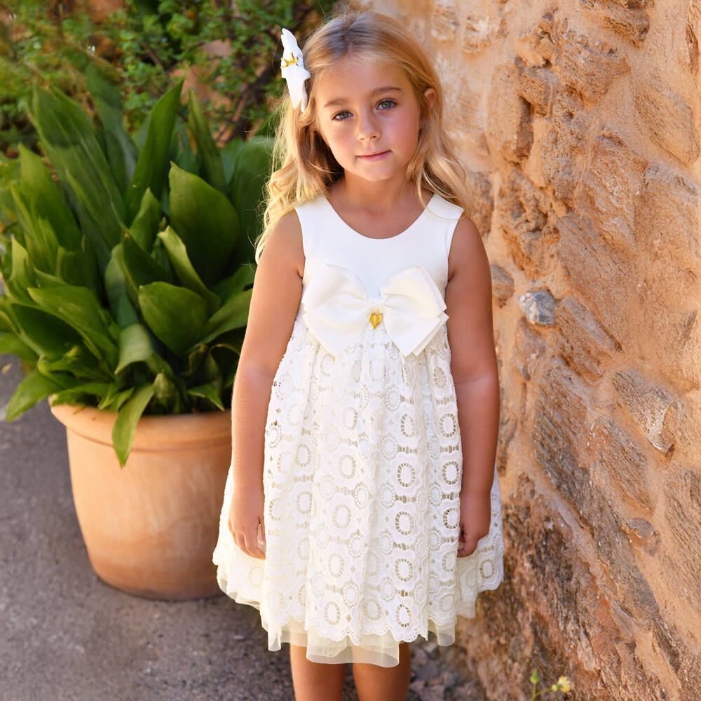 Angel's Face-Girls White Guipure Lace Dress & Bow | Childrensalon