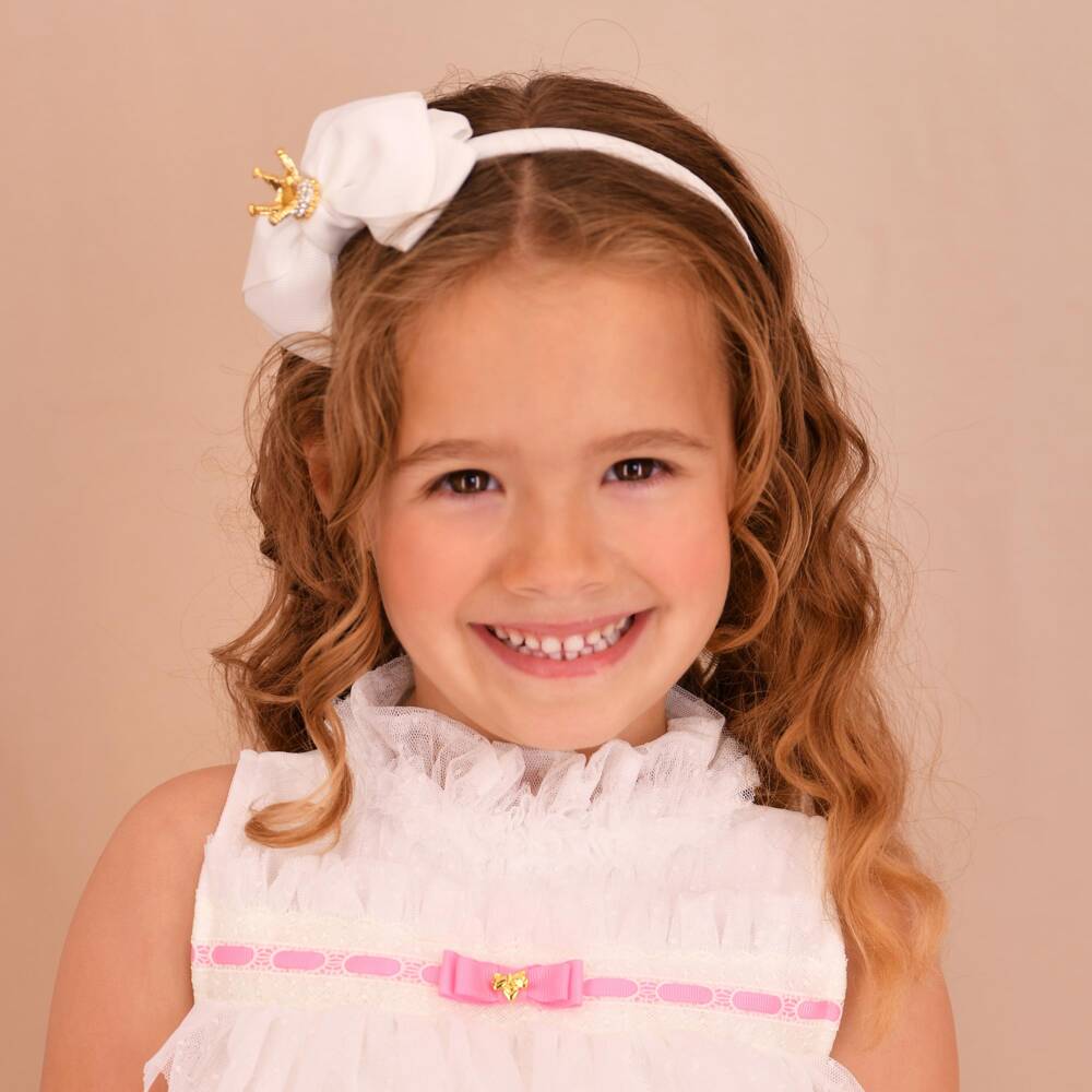 Angel's Face-Girls White Hairband with Bow & Diamanté Gold Crown | Childrensalon