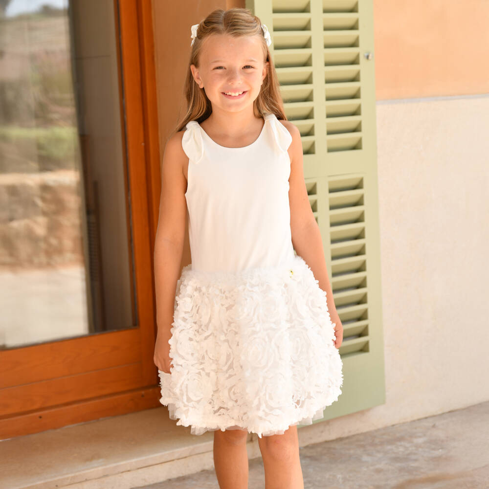 Angel's Face-Girls White Jersey, Tulle & Satin Rose Dress with Bows | Childrensalon
