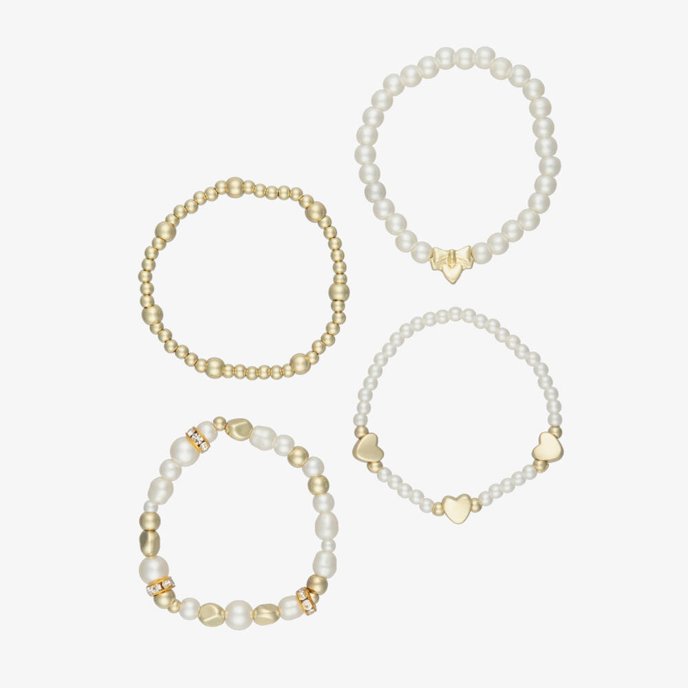 Angel's Face-أساور مزينة بقلوب ولؤلؤ صناعي لون أبيض وذهبي للبنات (عدد 4) | Childrensalon