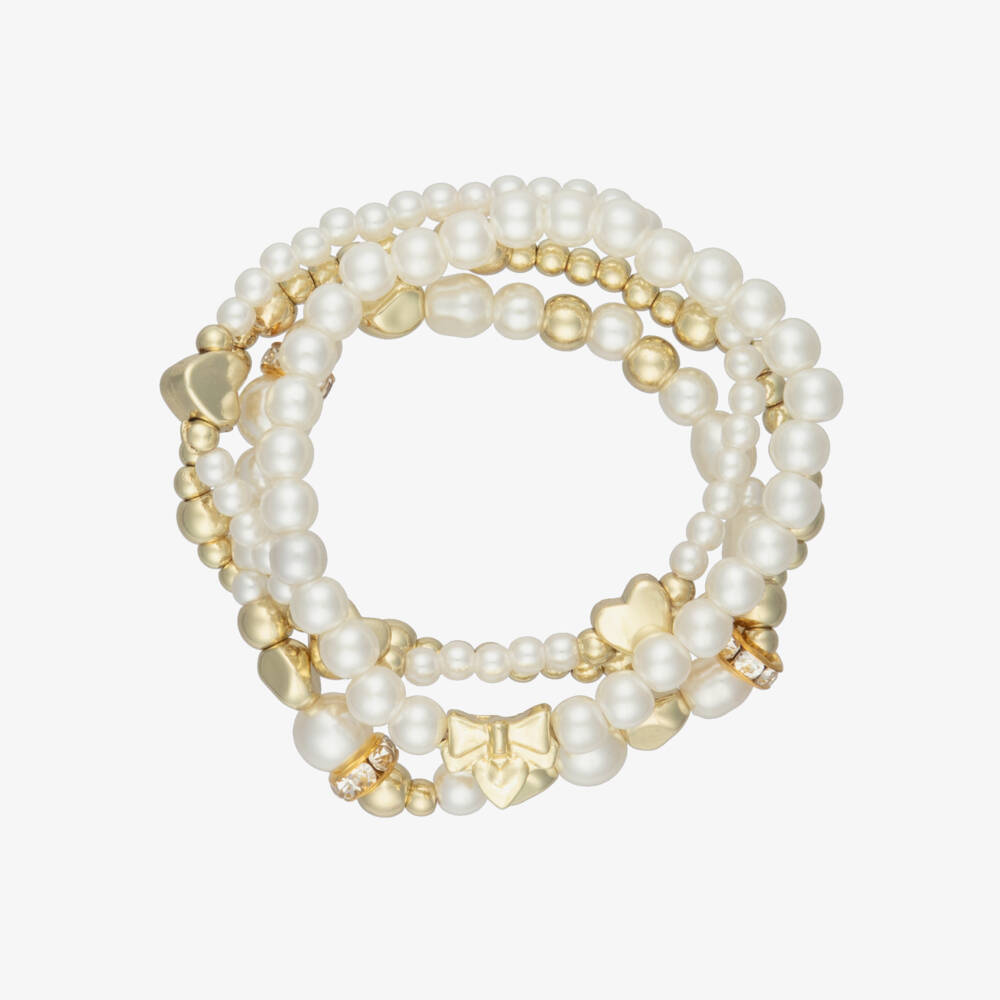 Angel's Face-أساور مزينة بقلوب ولؤلؤ صناعي لون أبيض وذهبي للبنات (عدد 4) | Childrensalon