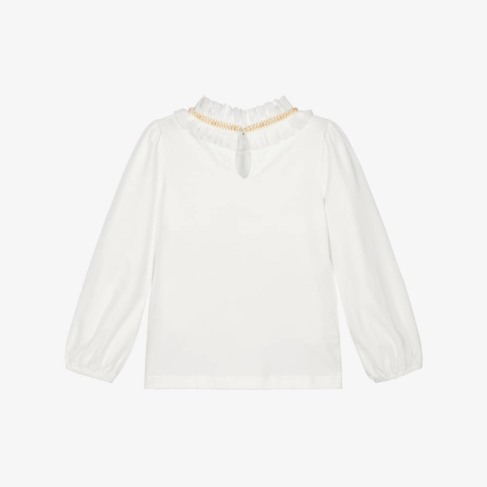Angel's Face-Girls White Pearl & Tulle Collar Cotton Top | Childrensalon