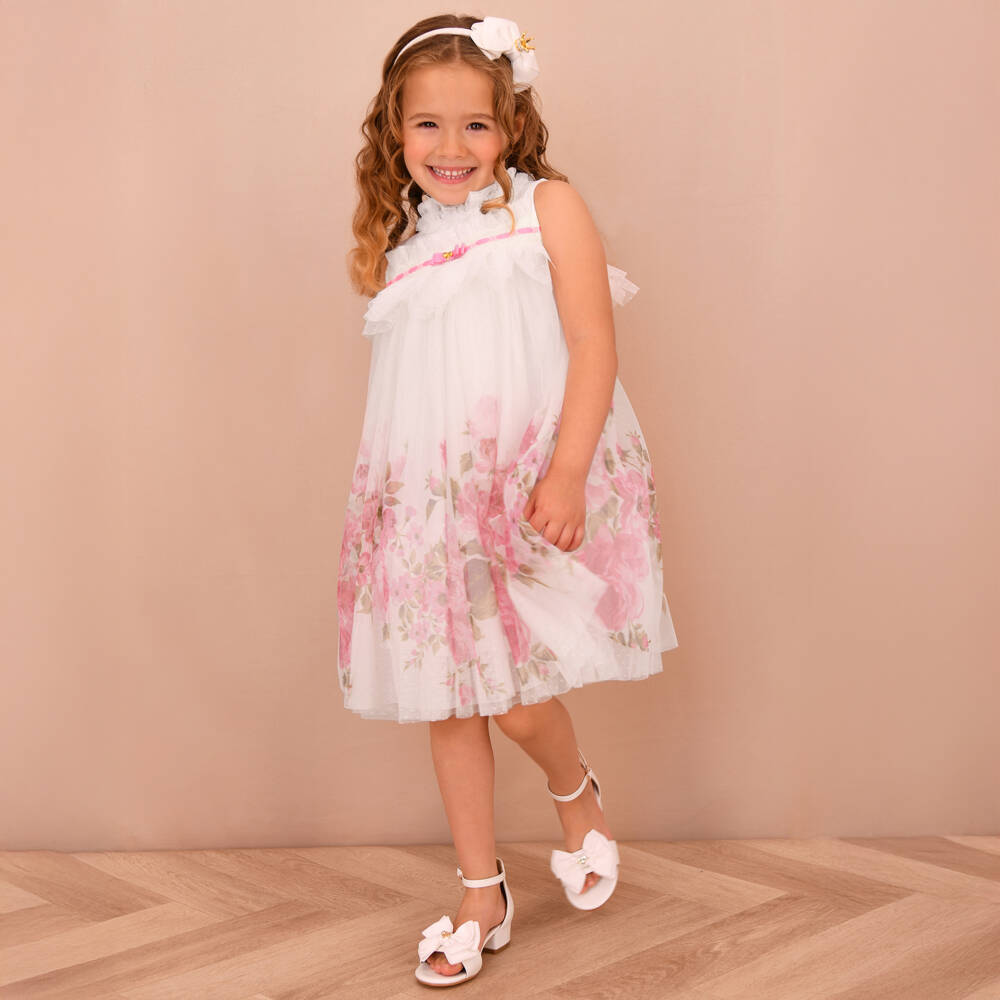 Angel's Face-Girls White & Pink Floral Tulle Dress with Lace Trim | Childrensalon