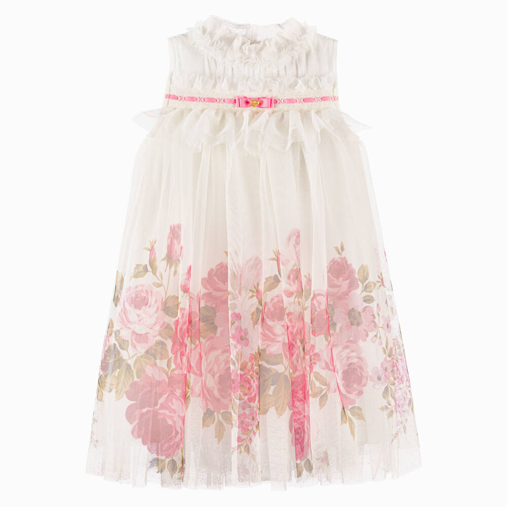 Angel's Face-Girls White & Pink Floral Tulle Dress with Lace Trim | Childrensalon