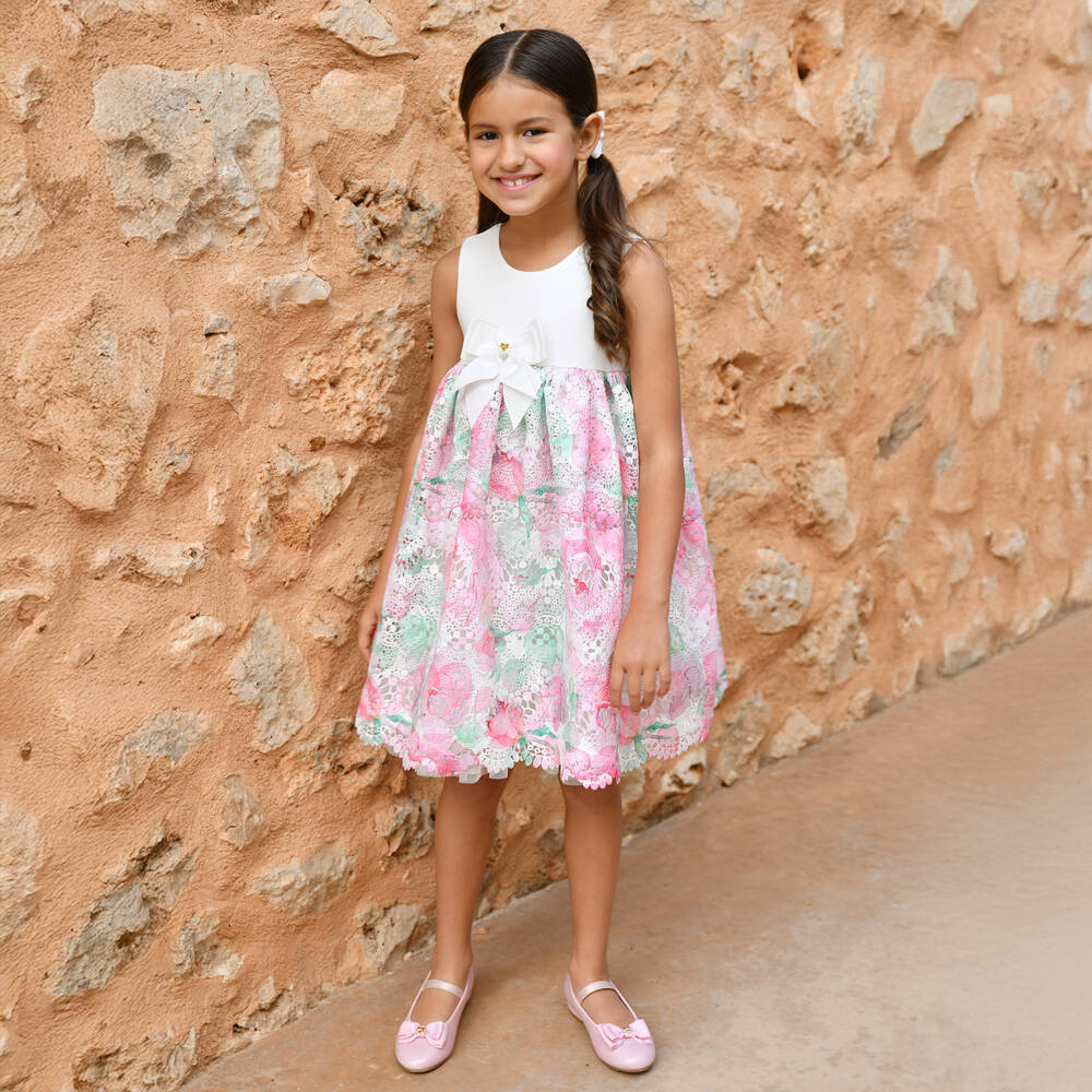 Angel's Face-Girls White & Pink Guipure Lace Dress with Logo Bow | Childrensalon
