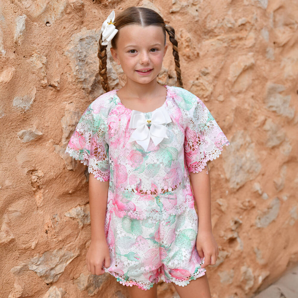 Angel's Face-Girls White & Pink Guipure Lace Shorts with Logo Bow | Childrensalon