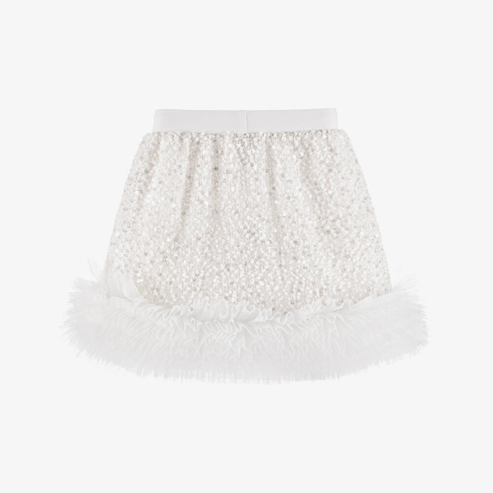 Angel's Face-Girls White Sequin Embellished Bouclé Skirt | Childrensalon