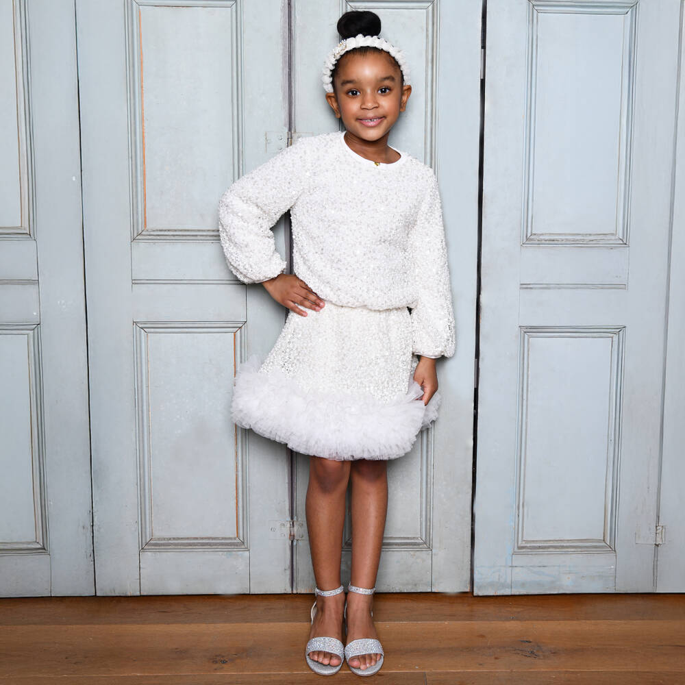 Angel's Face-Girls White Sequin Embellished Bouclé Sweatshirt | Childrensalon