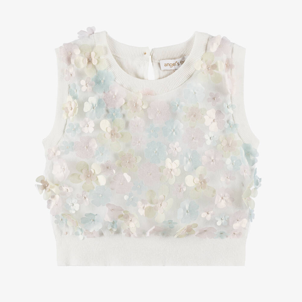 Angel's Face-Girls White Sleeveless Top with Pink & Blue Floral Appliqués | Childrensalon