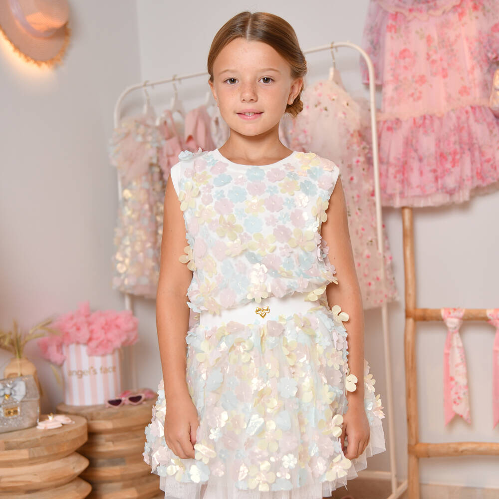 Angel's Face-Girls White Sleeveless Top with Pink & Blue Floral Appliqués | Childrensalon