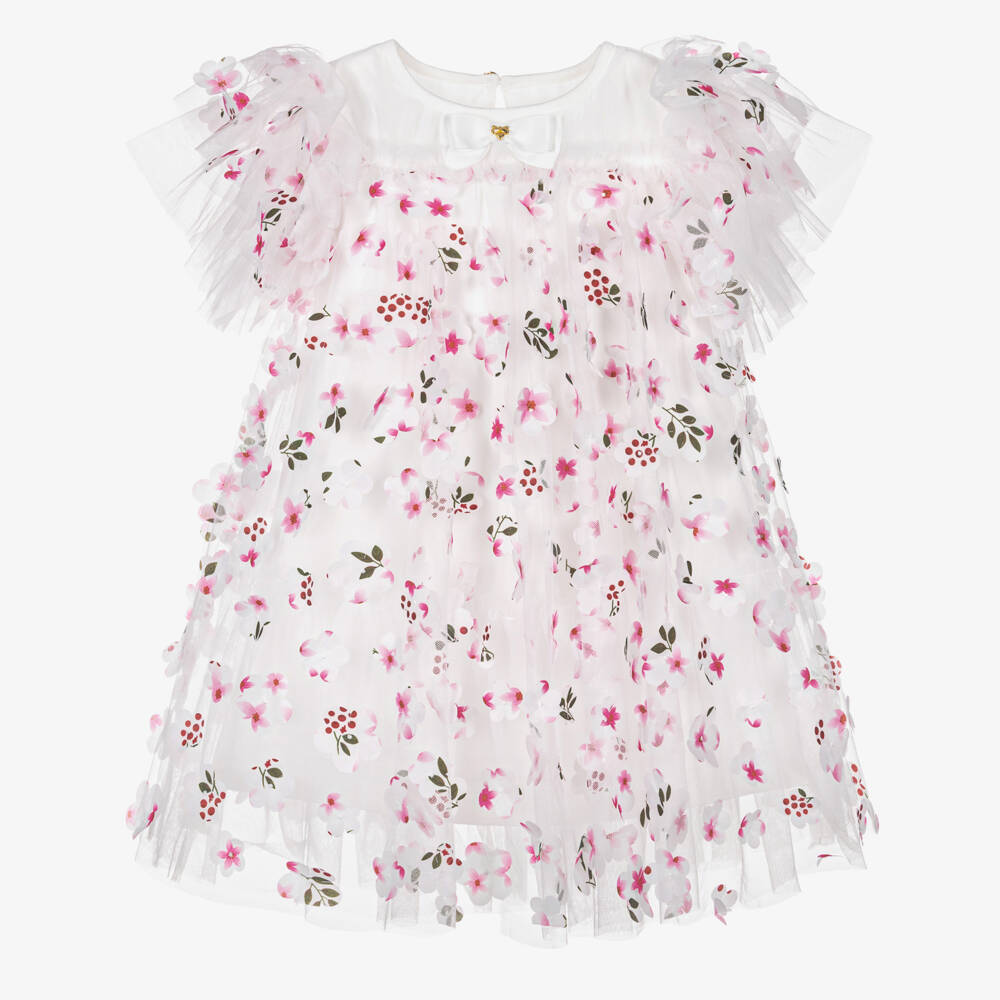 Angel's Face-Girls White Tulle Dress with Pink 3D Flowers | Childrensalon