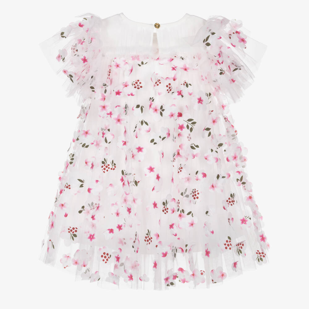 Angel's Face-فستان تول مزين بورود ثلاثية الأبعاد لون أبيض للبنات | Childrensalon