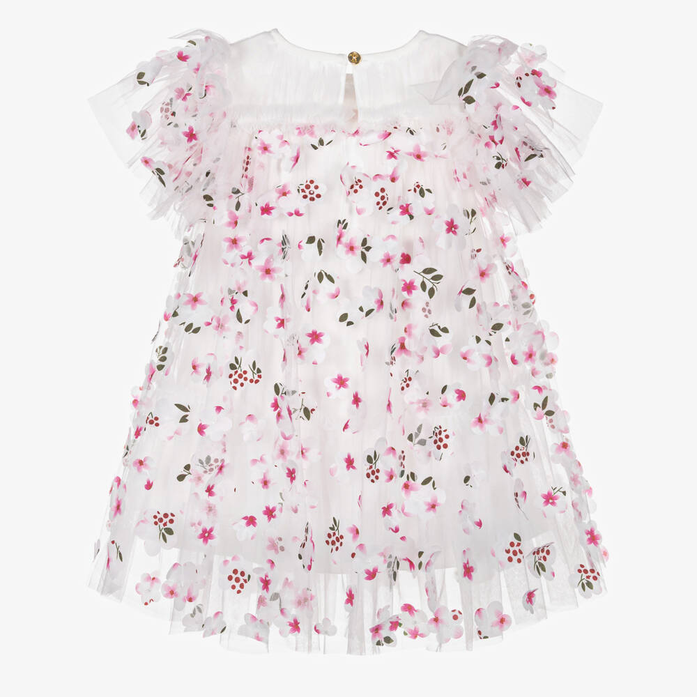 Angel's Face-Платье белое из тюля с розовыми 3D цветами для девочек | Childrensalon