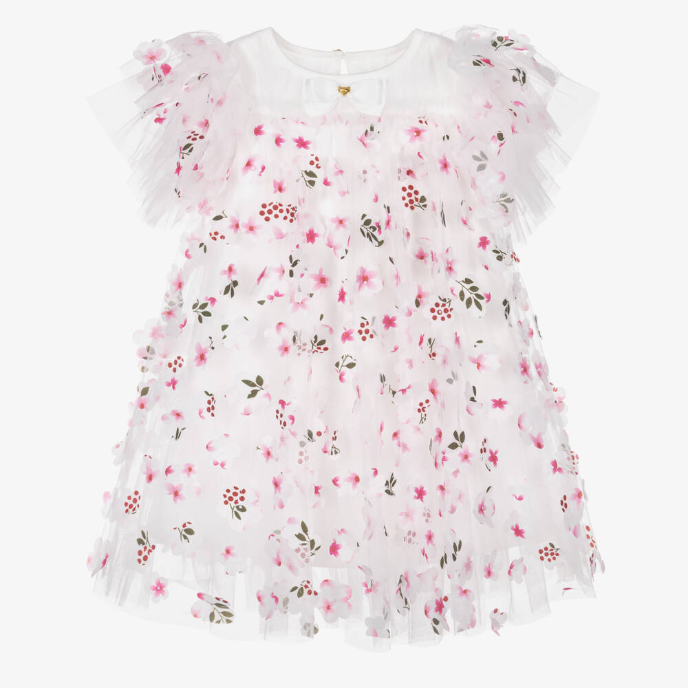 Angel's Face-فستان تول مزين بورود ثلاثية الأبعاد لون أبيض للبنات | Childrensalon