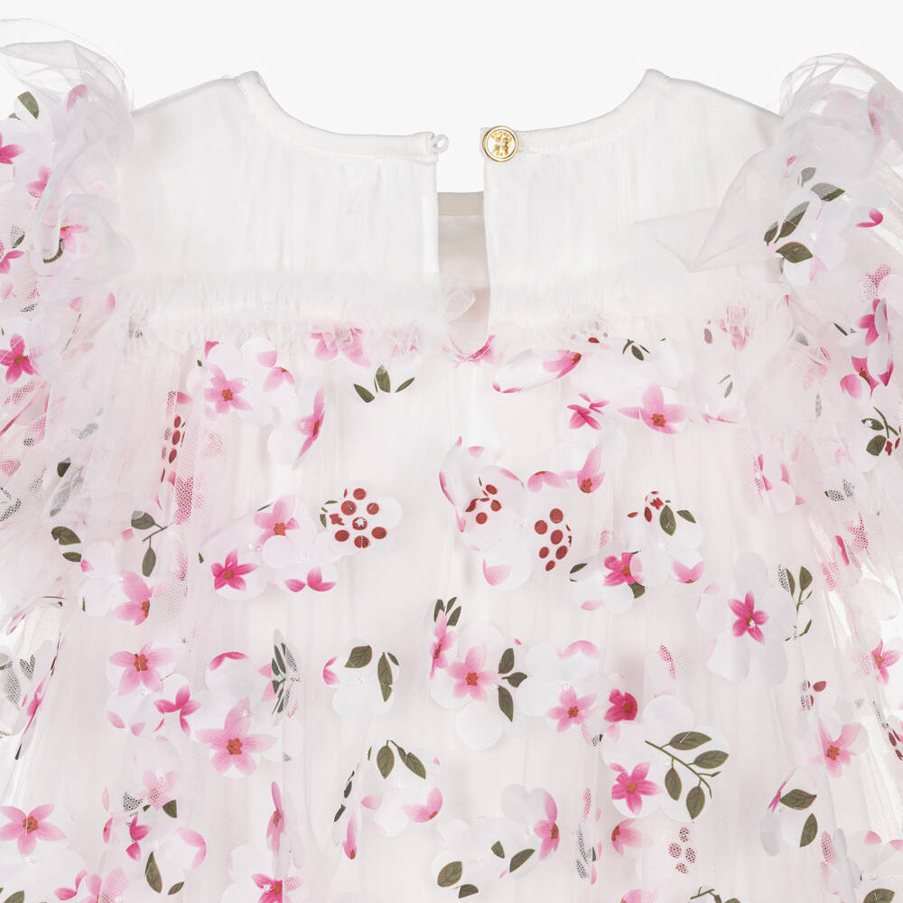 Angel's Face-Платье белое из тюля с розовыми 3D цветами для девочек | Childrensalon
