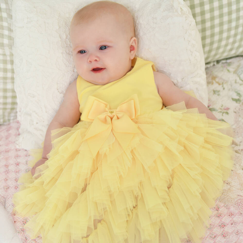 Angel's Face-Girls Yellow Cotton Jersey Dress with Tiered Tulle Ruffles | Childrensalon