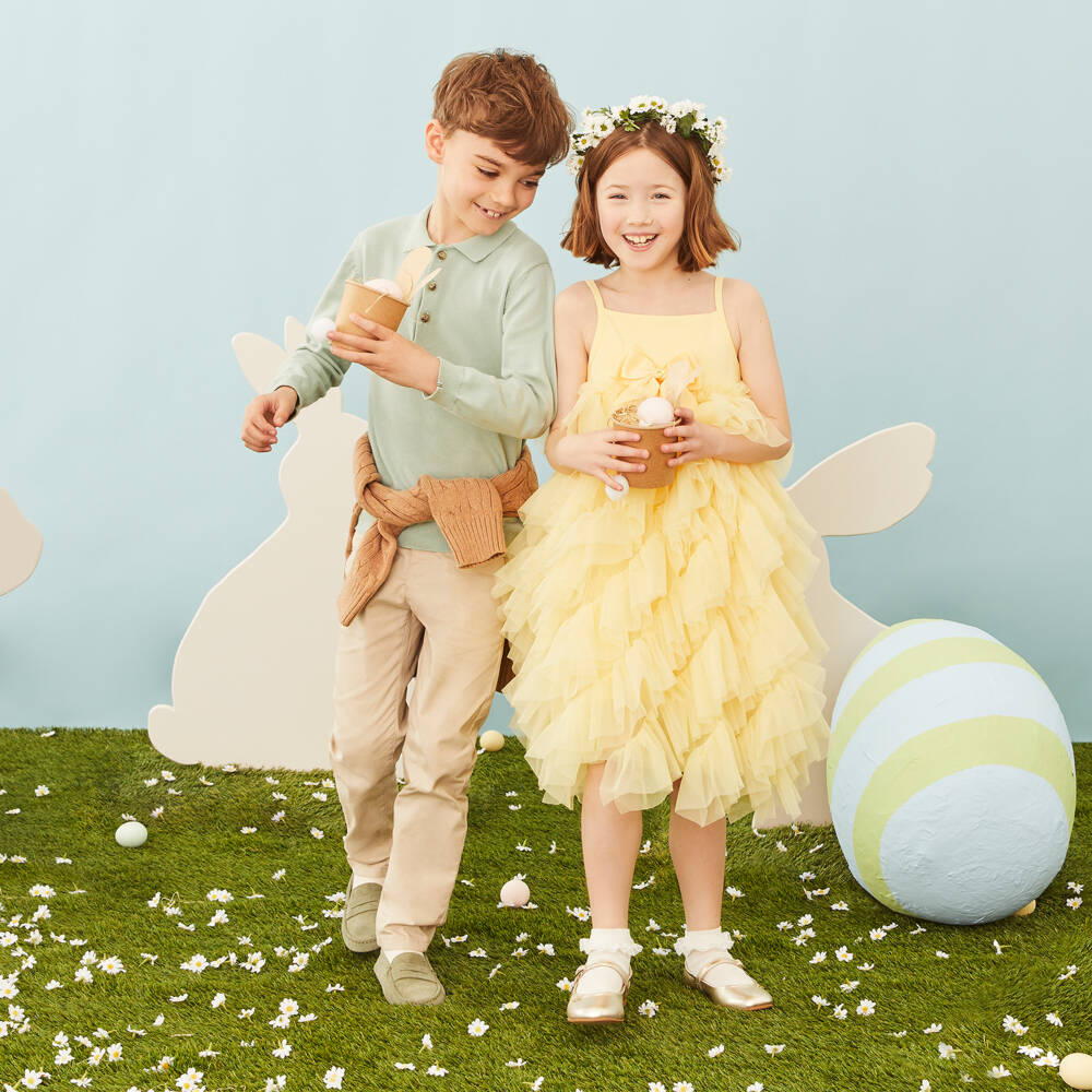 Angel's Face-Платье желтое из хлопкового трикотажа и фатина с рюшами и бантом | Childrensalon