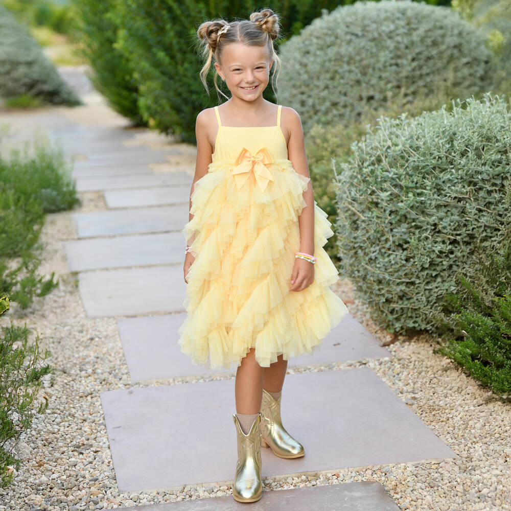 Angel's Face-Girls Yellow Cotton Jersey & Tulle Ruffles Dress with Logo Bow | Childrensalon