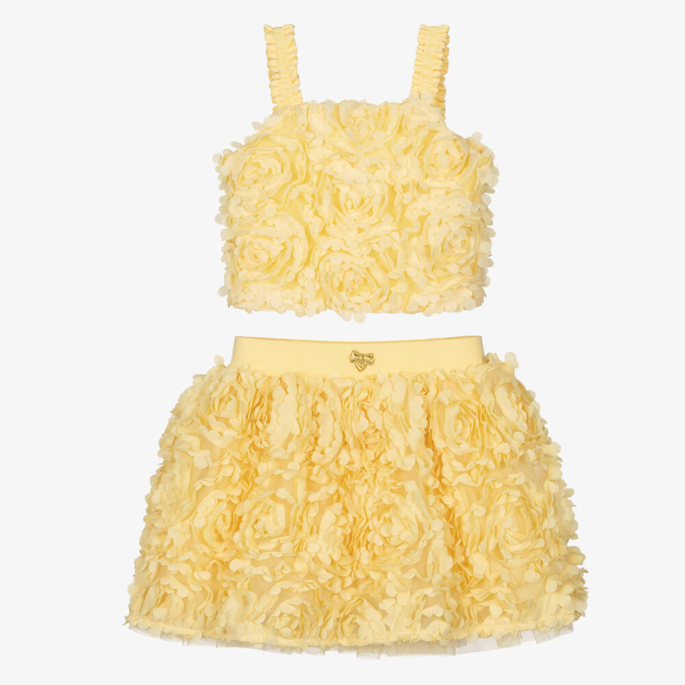 Angel's Face-Girls Yellow Top & Skirt Set with 3D Flowers | Childrensalon