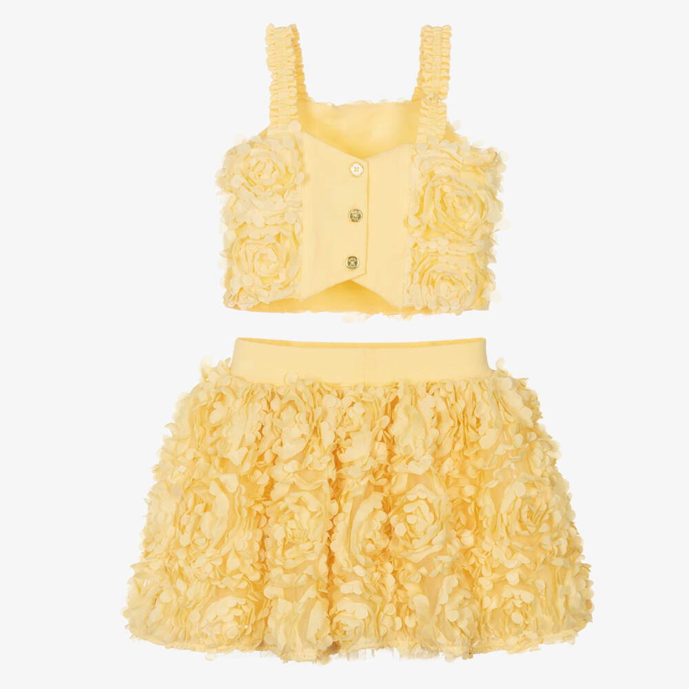 Angel's Face-Girls Yellow Top & Skirt Set with 3D Flowers | Childrensalon