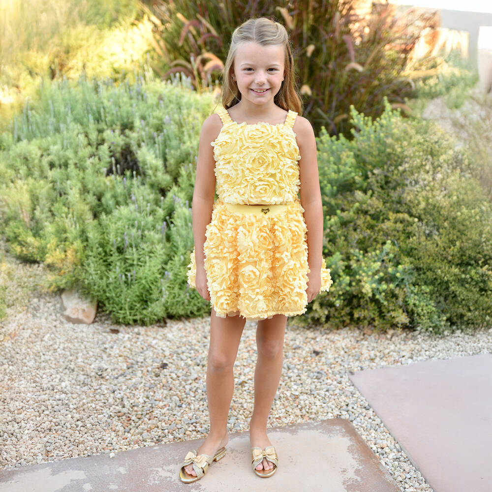 Angel's Face-Girls Yellow Top & Skirt Set with 3D Flowers | Childrensalon