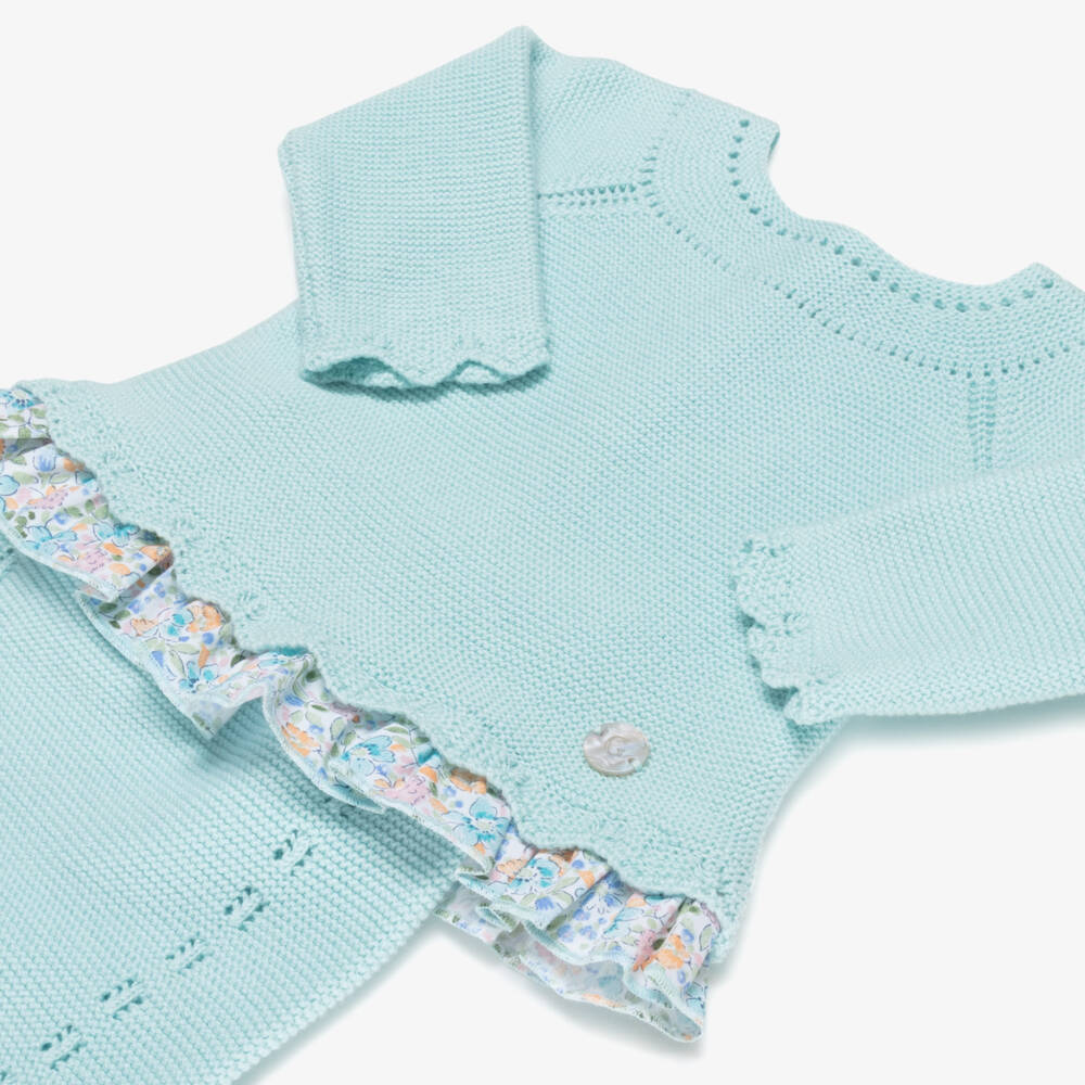 Artesanía Granlei-Aqua Green Knitted 2 Piece Babygrow with Floral Trim | Childrensalon