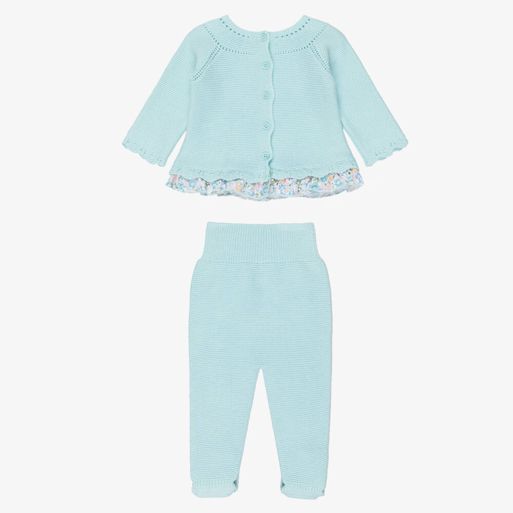 Artesanía Granlei-Aqua Green Knitted 2 Piece Babygrow with Floral Trim | Childrensalon