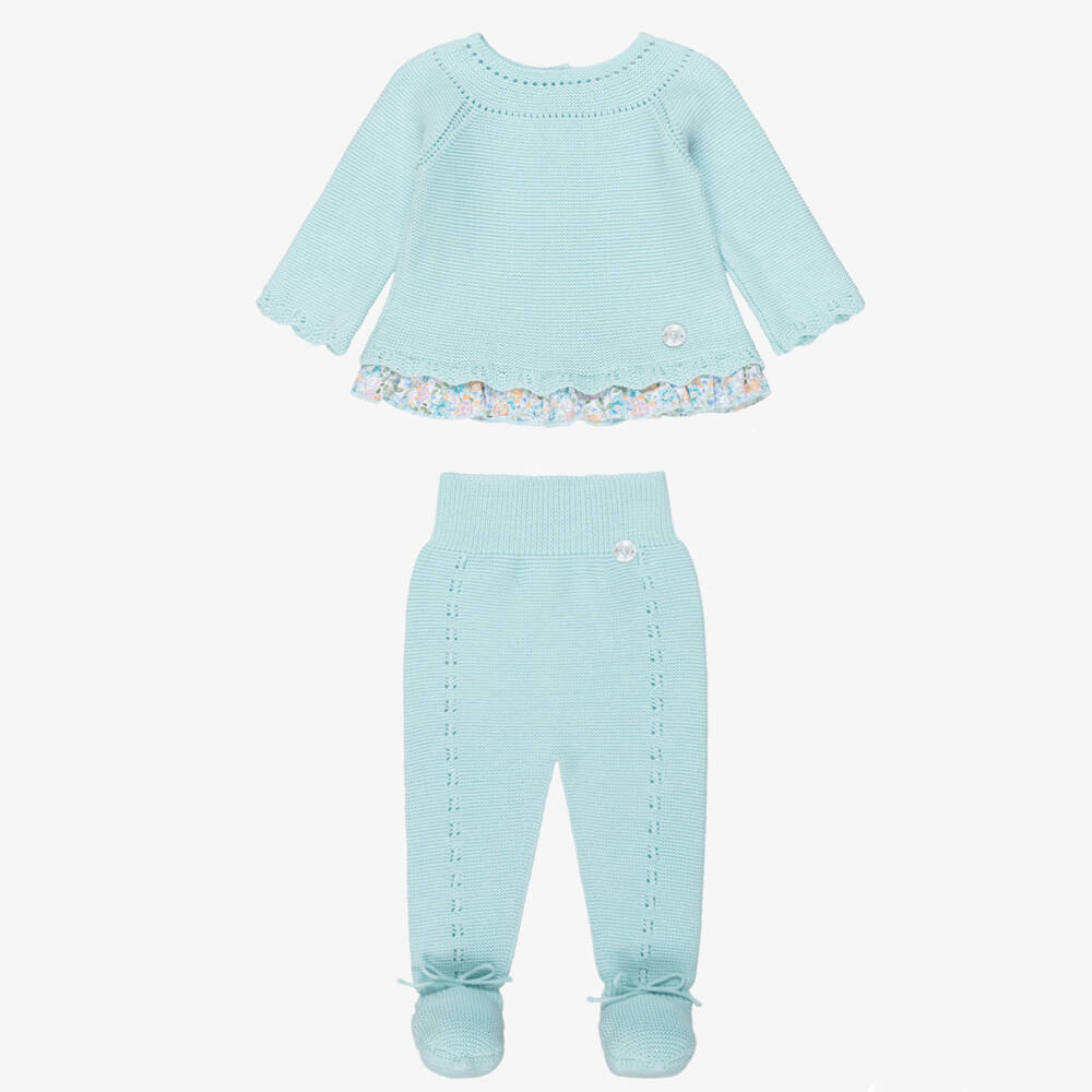Artesanía Granlei-Aqua Green Knitted 2 Piece Babygrow with Floral Trim | Childrensalon