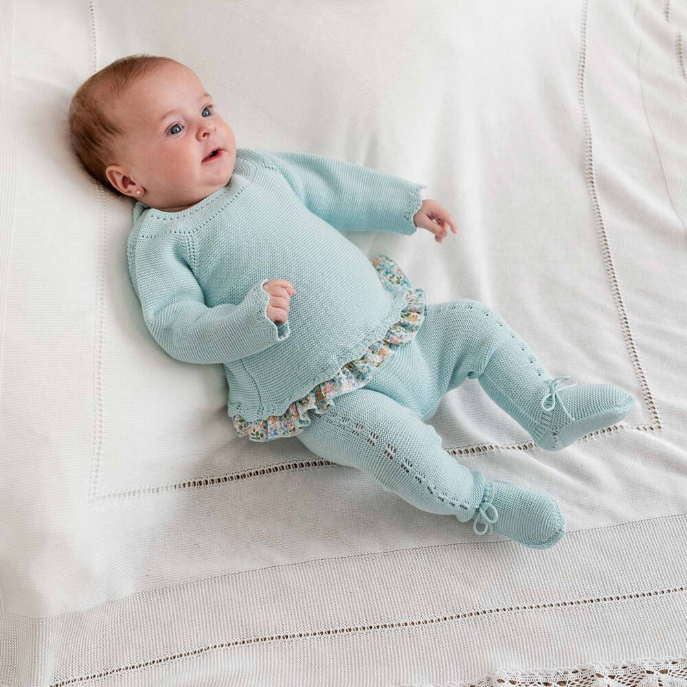 Artesanía Granlei-Aqua Green Knitted 2 Piece Babygrow with Floral Trim | Childrensalon