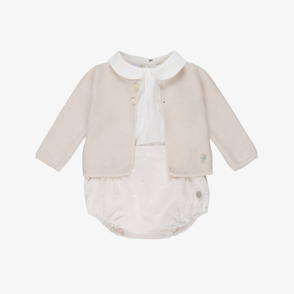 Artesanía Granlei-Baby Boys Beige Buster Suit & Cardigan Set | Childrensalon