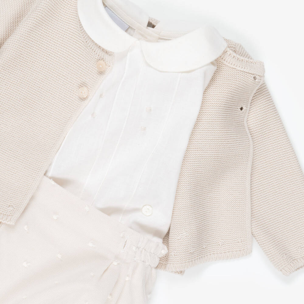 Artesanía Granlei-Baby Boys Beige Buster Suit & Cardigan Set | Childrensalon