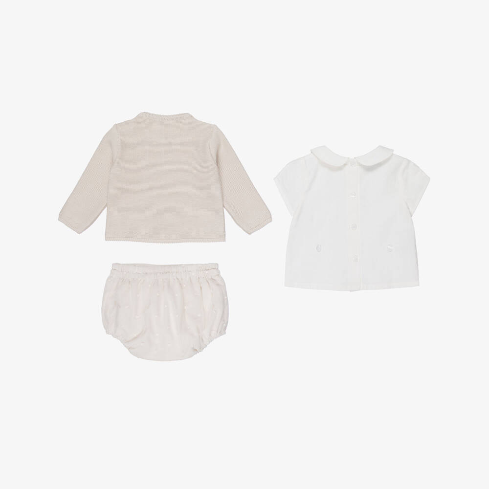 Artesanía Granlei-Baby Boys Beige Buster Suit & Cardigan Set | Childrensalon