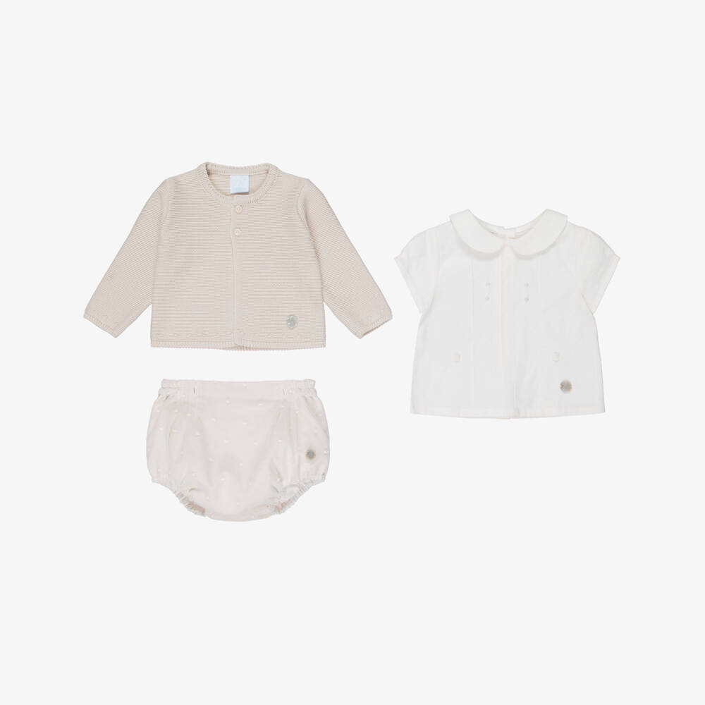 Artesanía Granlei-Baby Boys Beige Buster Suit & Cardigan Set | Childrensalon