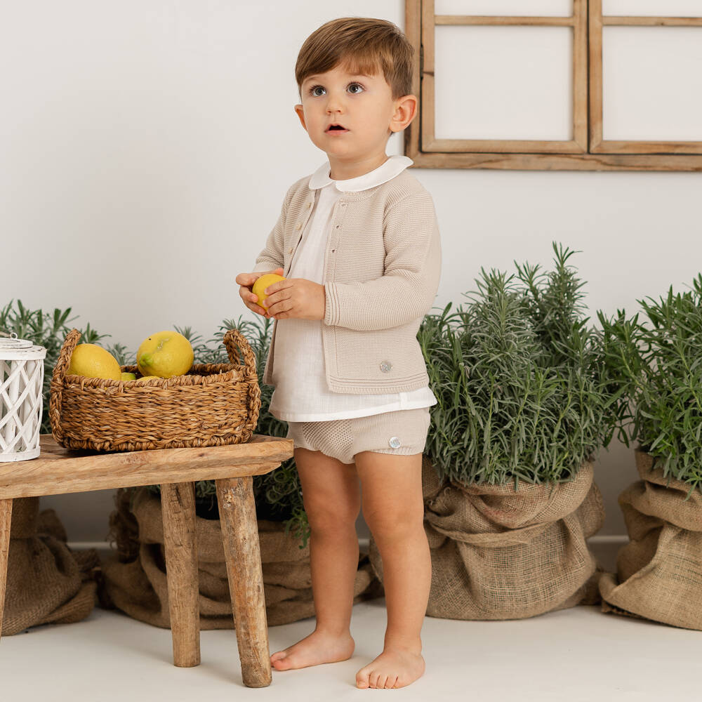Artesanía Granlei-Baby Boys Beige Knitted Shorts Set | Childrensalon