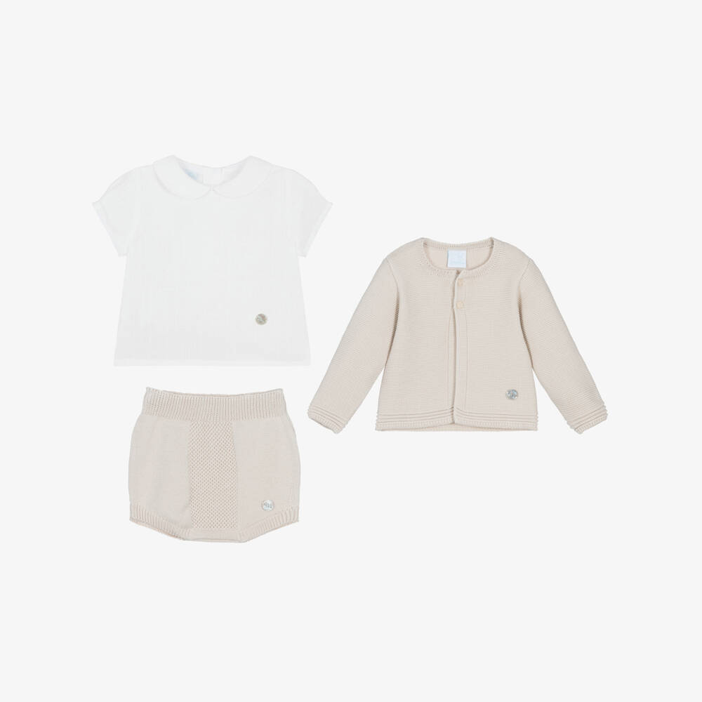 Artesanía Granlei-Baby Boys Beige Knitted Shorts Set | Childrensalon