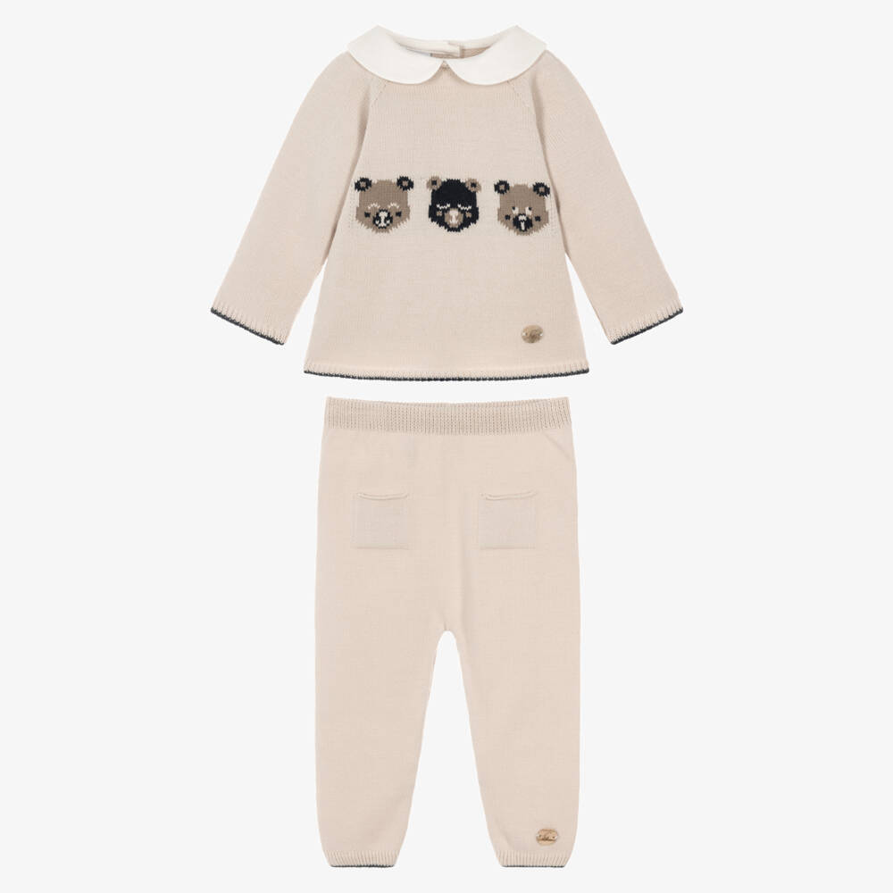 Artesanía Granlei-Baby Boys Beige Knitted Trouser Set with Three Bears | Childrensalon