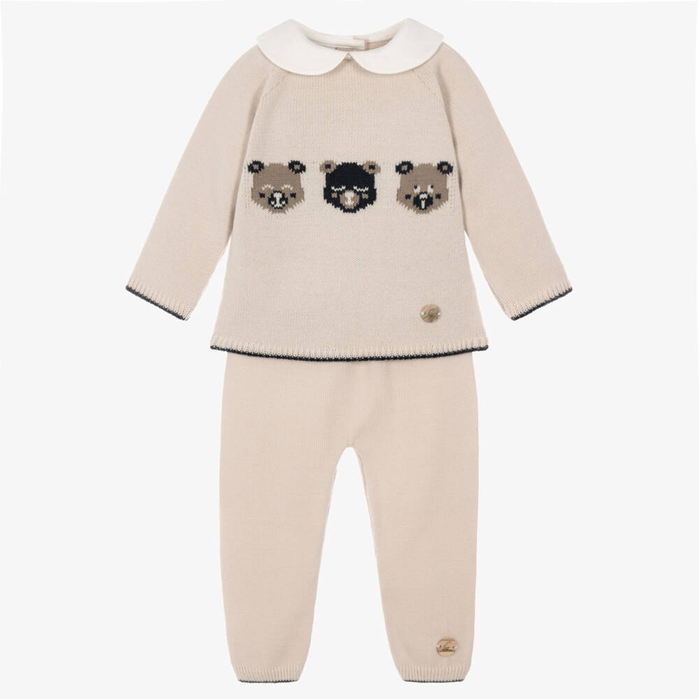 Artesanía Granlei-Baby Boys Beige Knitted Trouser Set with Three Bears | Childrensalon